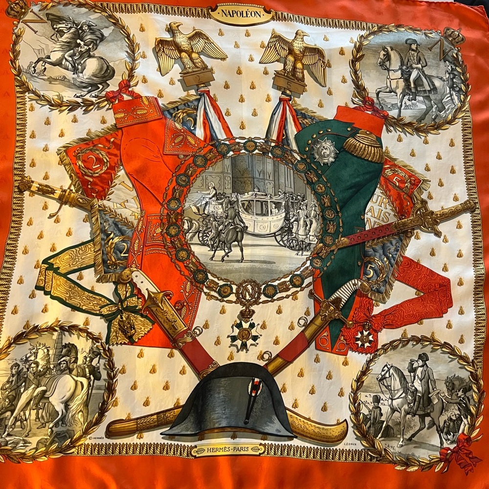 Hermes Scarf. ‘Napoleon’. Artiste:Ledoux.  Made in France. 35”. 100% Silk.